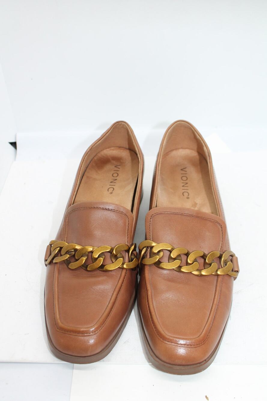 Vionic Mizelle Brown Leather Loafers w/ Chain Detail sz 8.5
